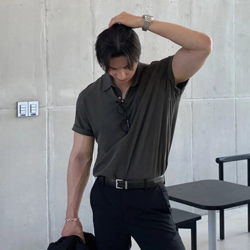 Solid Color Men's Tees Korean Style Short Sleeved Button Design Casual Menswear Loose Pullover Male T-shirts Trendy 9W1196