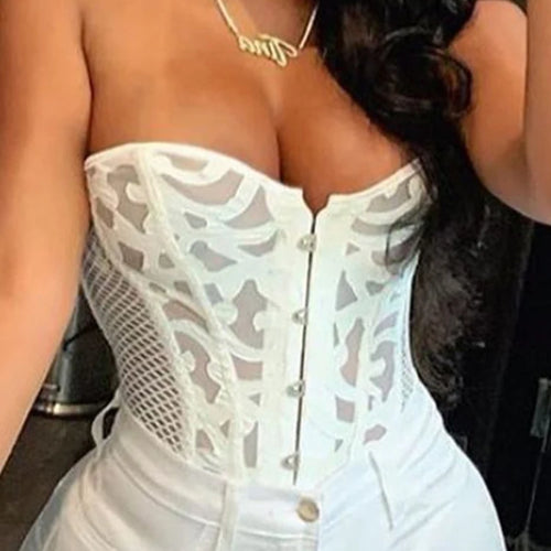 Load image into Gallery viewer, Fashion Elegant Mesh Fishnet White Tube Corset Top Lace Up Transparent Party Strapless Sexy Bustiers Ladies Corsets
