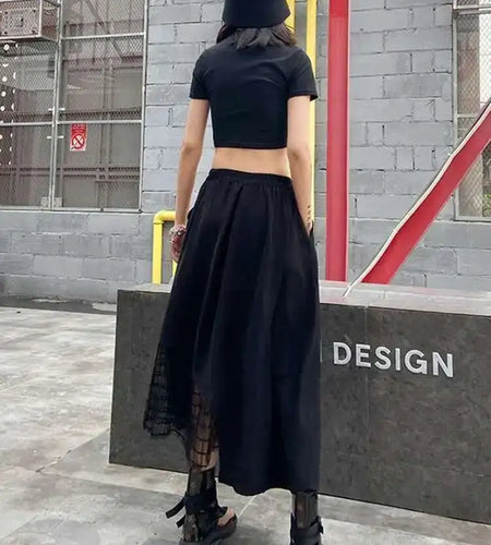 High Elastic Waist Black Irregular Mesh Casual Midi Half-body Skirt Women Fashion Tide New Spring Autumn 2025 1DH4596