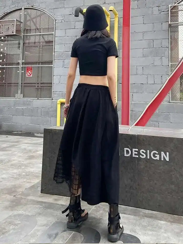 High Elastic Waist Black Irregular Mesh Casual Midi Half-body Skirt Women Fashion Tide New Spring Autumn 2025 1DH4596