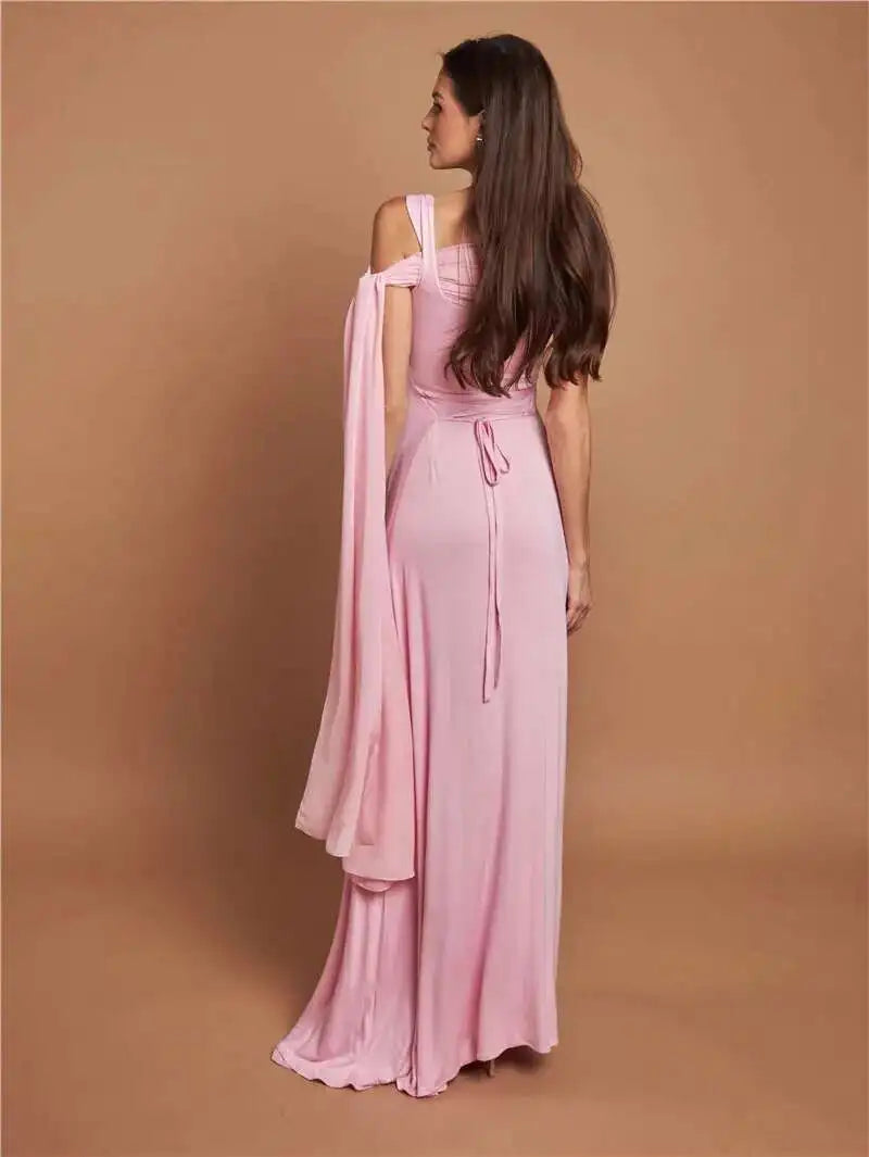Pink Cape Sleeve Sexy Maxi Dress For Women Off-shoulder Backless Gown Elegant Skew Collar Lace-up Long Dress Vestido