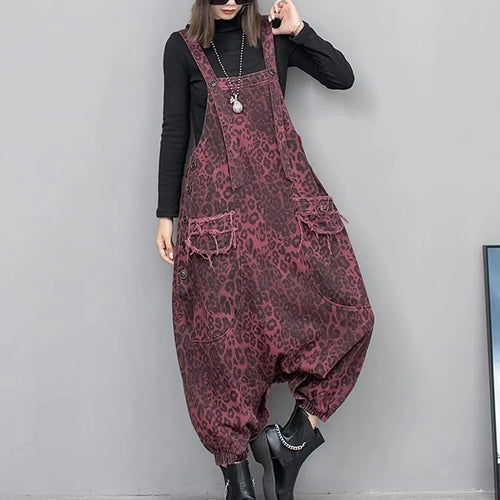 Load image into Gallery viewer, High Waist Leopard Print Denim Pocket Big Size Overalls Wide Leg Jeans New Women Fashion Tide Spring Autumn 2025 1DH6428
