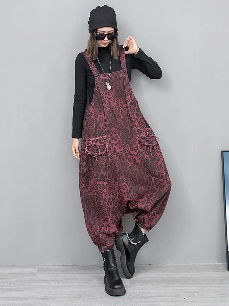 High Waist Leopard Print Denim Pocket Big Size Overalls Wide Leg Jeans New Women Fashion Tide Spring Autumn 2025 1DH6428