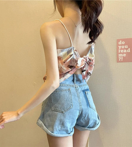 y2k Camisole Top for Women Floral Print Spaghetti Strap Sleeveless Backless Vest 2000s Aesthetic Clothing Streetwear
