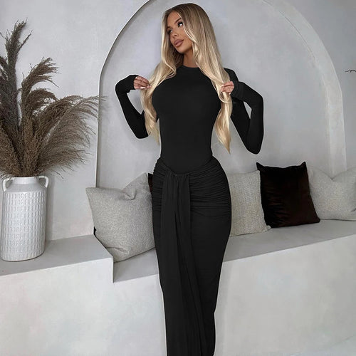 Load image into Gallery viewer, Ruched Draped Sexy Maxi Dress For Women Fashion O Neck Long Sleeve Bodycon Club Party Long Dress Female Elegant Dresses
