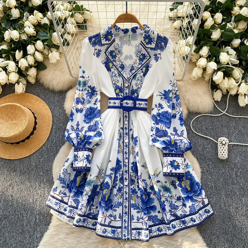 Load image into Gallery viewer, French Vintage Black Blue Flower Elegant High Waist Long Sleeved A Line Dresses Spring Fashion Evening Party Gown Dress Bohemian
