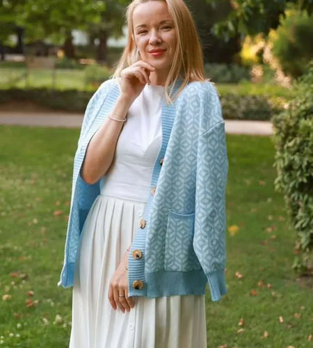 Women's Knitting Sweater Color Matching Diamond Lattice Single-Breasted Buttons Loose Casual Knitted Cardigan Sweaters C-097