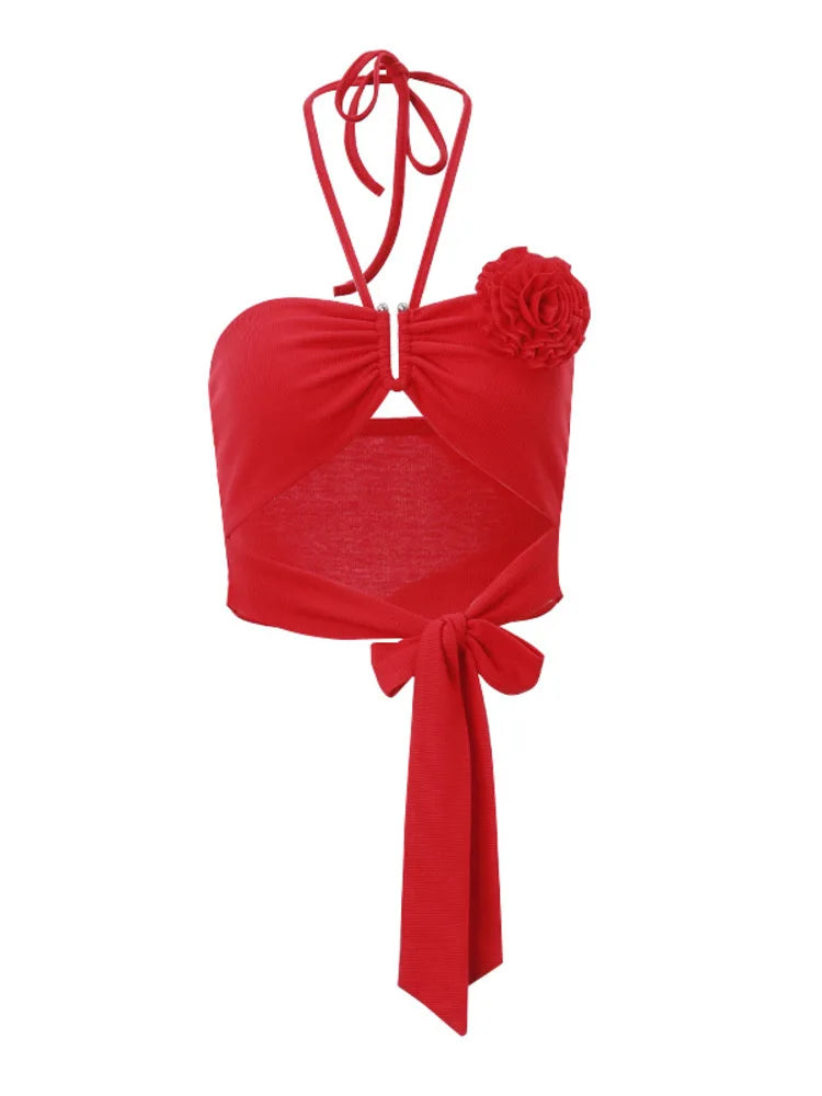 Summer New Sexy Pure Desire Hollow Out Flower Suspended Top Women Lace Up Wrapped Tank Top Female Slim Beachwear