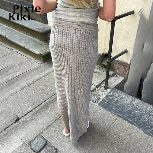 Load image into Gallery viewer, Grey Knitted Drawstring Split Long Skirts Fall Winter Clothes 2024 Women Elegant Maxi Skirt P84-DC50
