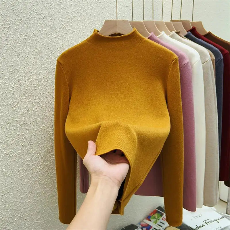 Autumn Winter Women Solid Half High Neck Velvet Sweater Korean Fashion Warm Knitwear Long Sleeve Pullovers Tops Thick Simplicity