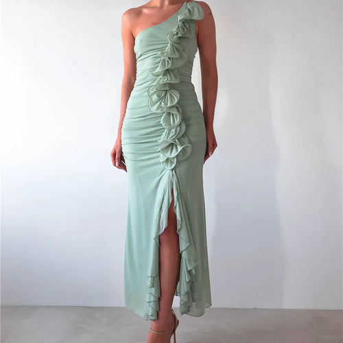 Load image into Gallery viewer, One Shoulder Draped Ruffle Maxi Dress Women Gown Fashion Diagonal Collar Backless Sleeveless Split Long Dress Elegant
