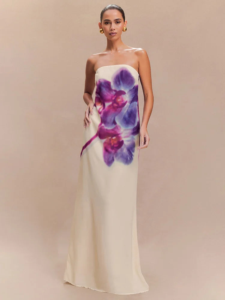 Floral Print Strapless Sexy Maxi Dress For Women Gown Off-shoulder Backless Sleeveless Elegant Long Dress Fashion