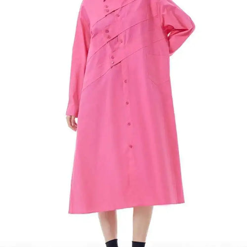 Load image into Gallery viewer, Women Rose Red Button Design Big Size Midi Shirt Dress New Lapel Long Sleeve Fashion Tide Spring Autumn 2025 1DH5165
