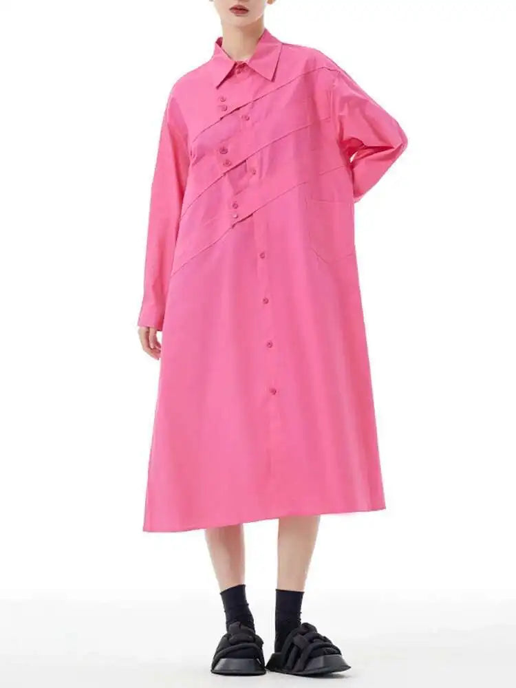 Women Rose Red Button Design Big Size Midi Shirt Dress New Lapel Long Sleeve Fashion Tide Spring Autumn 2025 1DH5165