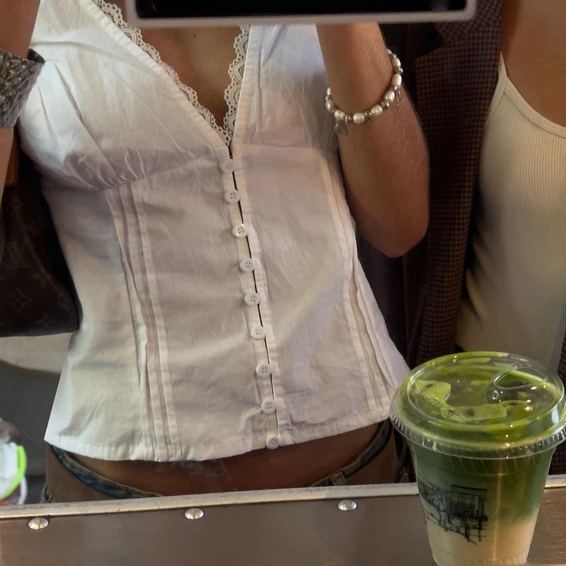 V-neck Lace Patchwork French Style Shirts Women Skinny With Button Puff Sleeve White Blouse Y2K Aesthetics Cute Tops