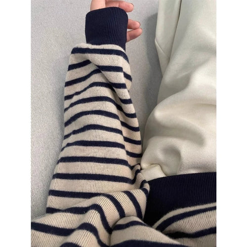 Load image into Gallery viewer, Korean Women Beige Striped Pullovers Velvet Sweater Casual Autumn Winter New Knitted Loose O-neck Long Sleeve Elegant Tops Thick
