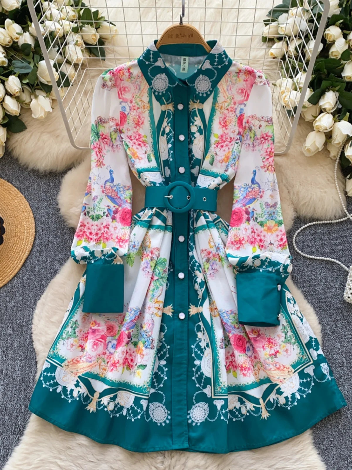 French Flower Elegant Single Breasted Long Sleeved Vacation Shirt Dress Spring Fashion Birthday Evening Party Dress Bohemian New