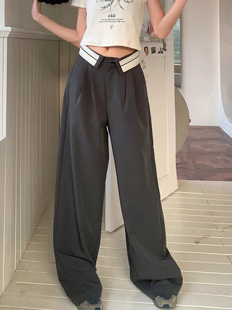 Patchwork Colorblock Wide Leg Pants For Women High Waist Loose Casual Trousers Female Autumn Clothes Style