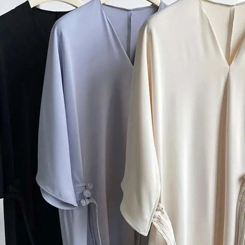 Load image into Gallery viewer, Women Black Buckle Long Elegant Dress New Round Neck Three-quarter Sleeve Loose Fit Fashion Spring Autumn 2025 1DE7880
