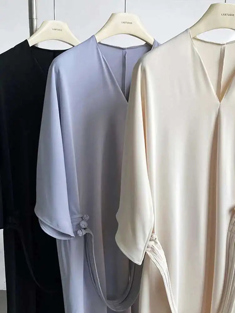 Women Black Buckle Long Elegant Dress New Round Neck Three-quarter Sleeve Loose Fit Fashion Spring Autumn 2025 1DE7880