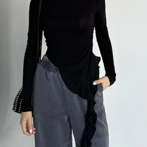 Load image into Gallery viewer, Y2k Aesthetic Irregular Ruffled Crop Tops Vintage Harajuku Autumn Solid T-Shirt Streetwear Sexy Slim Fit Pleated Grunge Shirt
