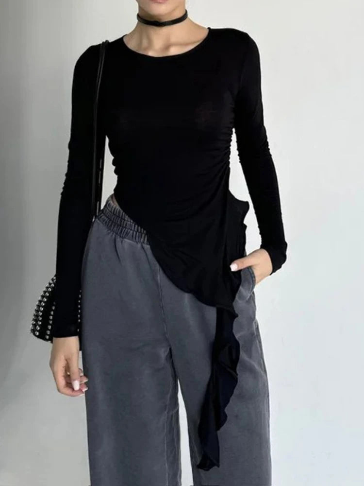 Y2k Aesthetic Irregular Ruffled Crop Tops Vintage Harajuku Autumn Solid T-Shirt Streetwear Sexy Slim Fit Pleated Grunge Shirt