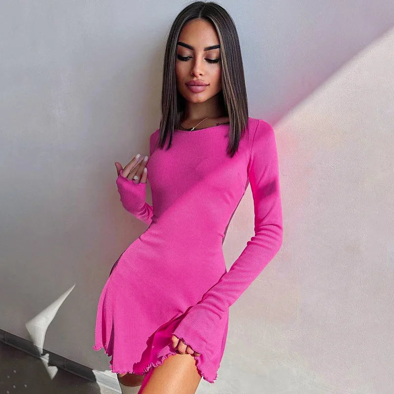 Ribbed Long Sleeve Sexy Mini Dress For Women Autumn Winter New O Neck Bandage Lace-up Fashion Elegant Dress Vestidos