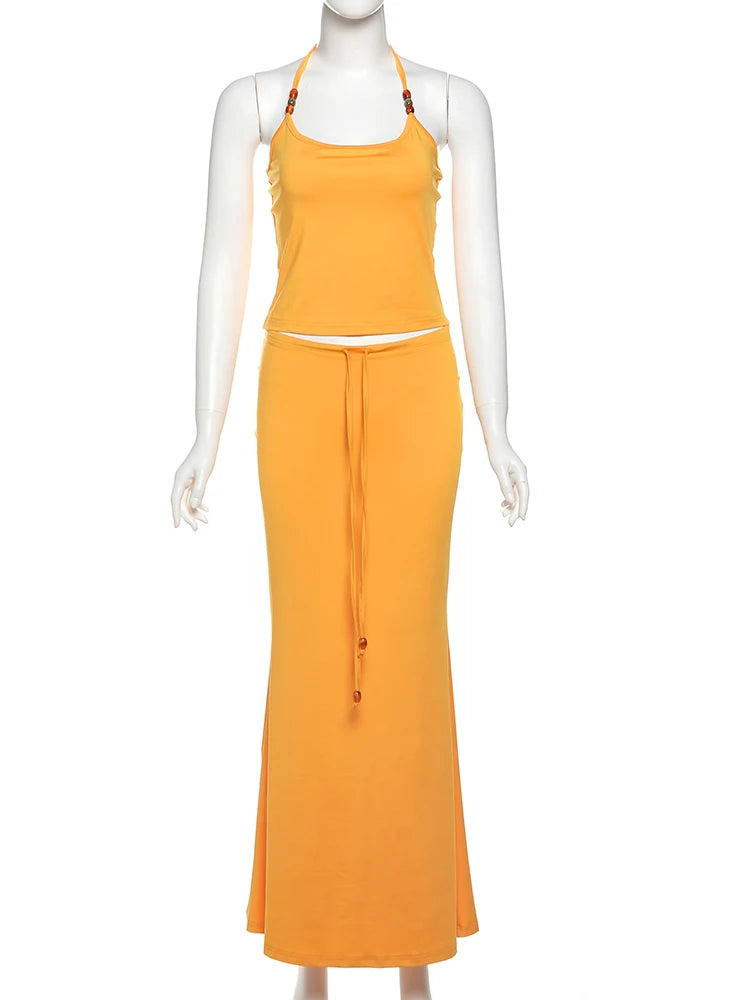 Lace-Up Halter 2 Piece Set Women Pearl Shirring Fashion Backless Crop Tops+Stretch Skirts Vacation Slim Beach Party Suits