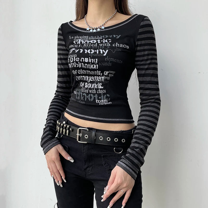 Halloween Stripe Letter Printed Female T-shirt Slim Stitch Bodycon Long Sleeve Crop Tops Gothic Dark Harajuku Tee