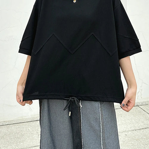 Load image into Gallery viewer, Women Black Hem Drawstring Spliced Big Size T-shirt New Round Neck Short Sleeve Fashion Tide Spring Summer 2025 1DJ1221
