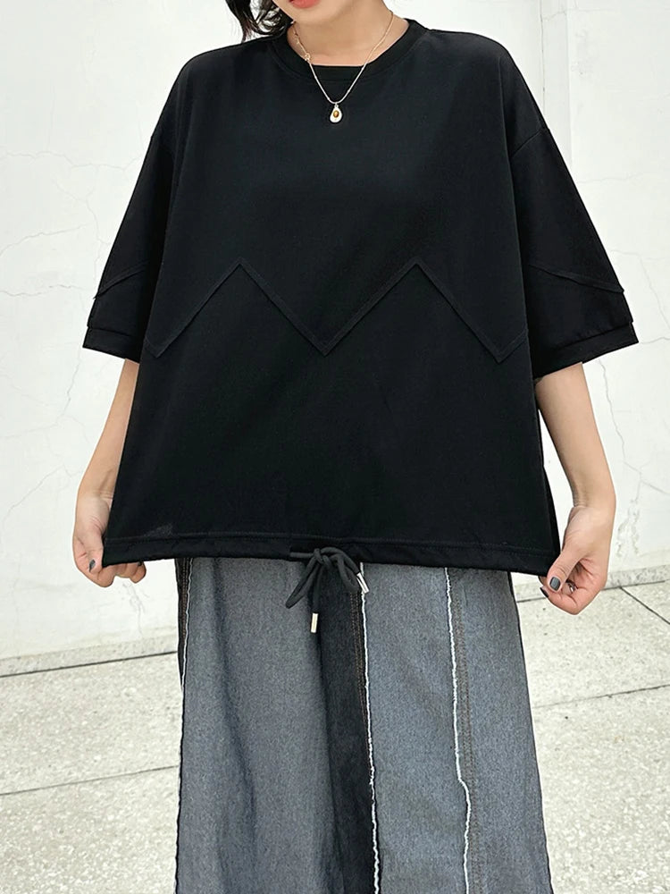 Women Black Hem Drawstring Spliced Big Size T-shirt New Round Neck Short Sleeve Fashion Tide Spring Summer 2025 1DJ1221