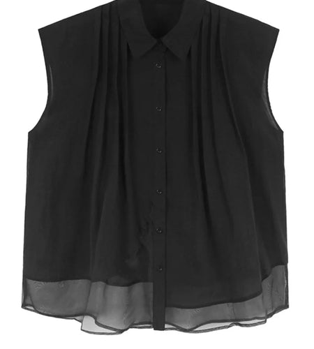 Women Black Pleated Mesh Spliced Thin Big Size Blouse New Lapel Sleeveless Shirt Fashion Tide Spring Summer 2025 1DJ0139
