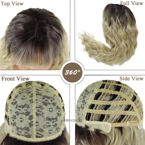 Load image into Gallery viewer, Long Curly Wigs with Bangs Synthetic Hair Natural Wigs for White Women Golden Blonde Wig Dark Roots Ombre Color Hair Healthy Wig
