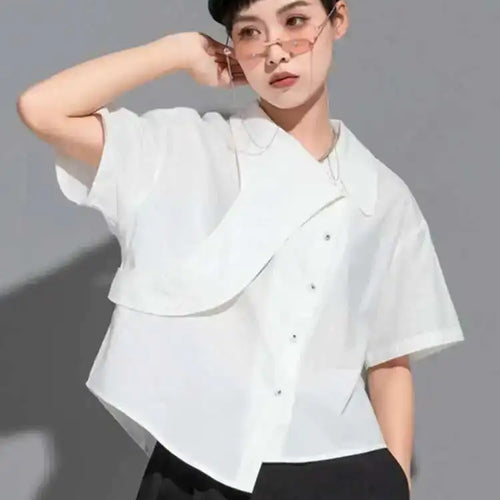 Load image into Gallery viewer, Women Black Irregular Big Size Casual Blouse New Lapel Short Sleeve Loose Fit Shirt Fashion Spring Summer 2025 1DE8726
