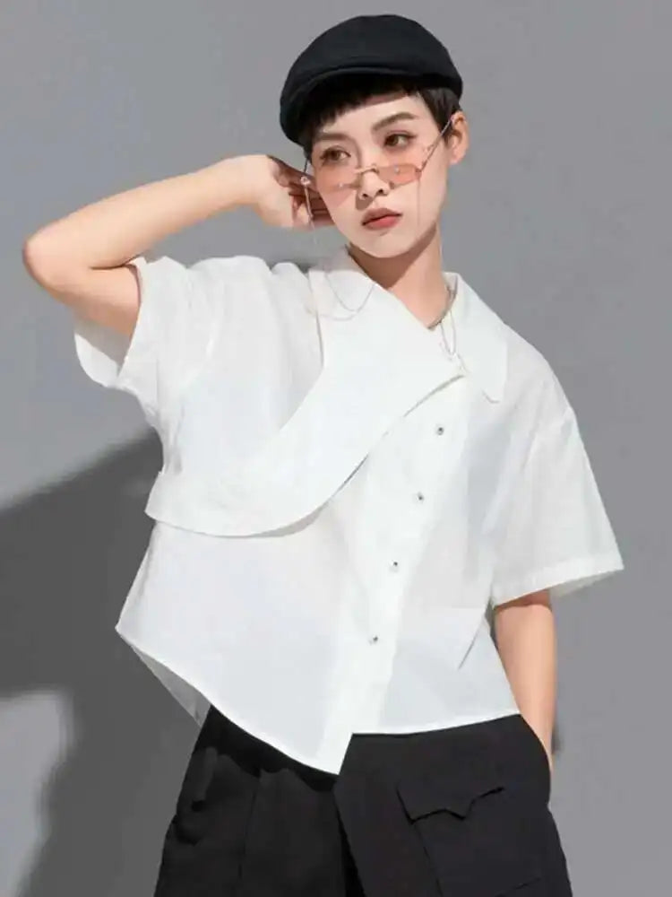 Women Black Irregular Big Size Casual Blouse New Lapel Short Sleeve Loose Fit Shirt Fashion Spring Summer 2025 1DE8726