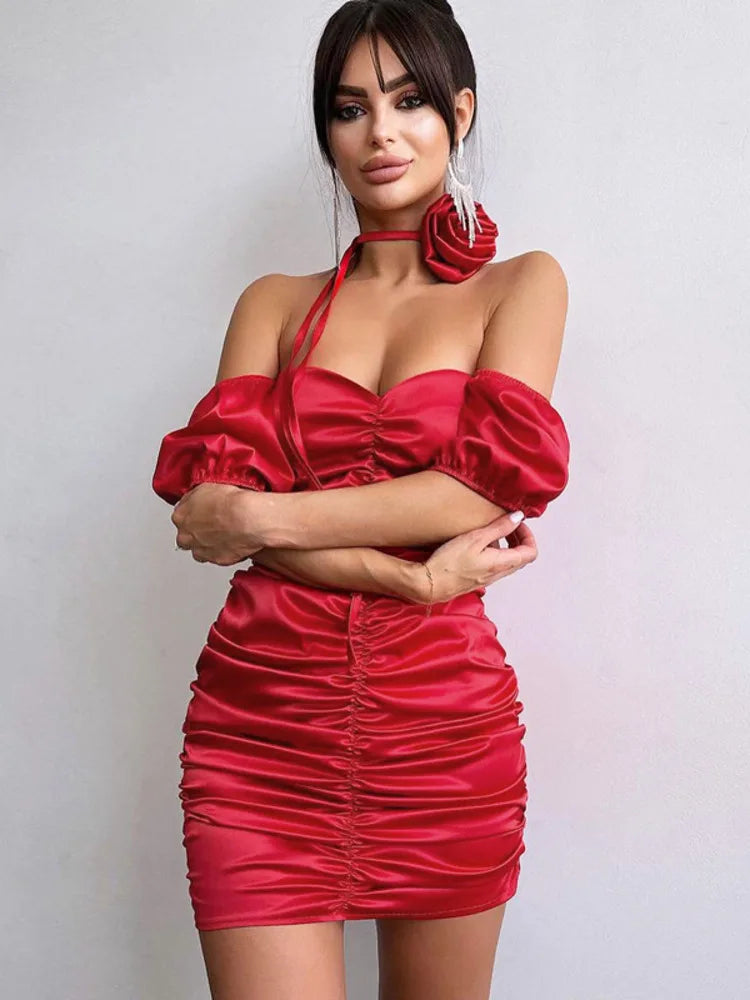 Sexy Sleeveless Satin Pleated Dress For Women's Summer 2024 New Floral Strapless Slim Fitting Dress Party Evening Dress