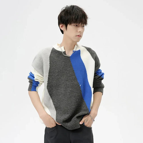 Load image into Gallery viewer, Korean Style Men&#39;s Sweater Casual Contrst Color Patchwork V-neck Pullover Trendy Male Clothing Fashion Autumn 9C7033
