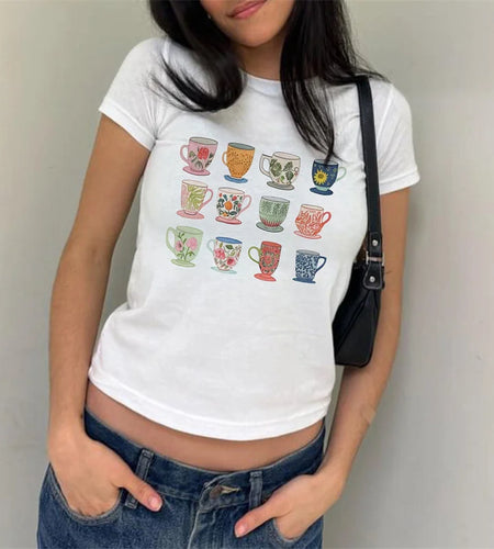 y2k Baby Tees Women Casual Graphic Print Round Neck Short Sleeve Cropped T Shirts 2000s Aesthetic Clothes Streetwear