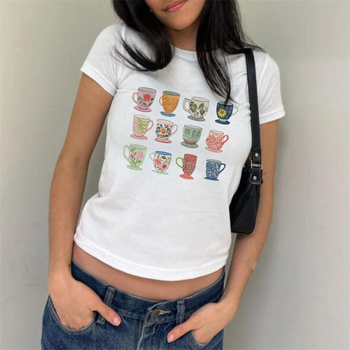 Load image into Gallery viewer, y2k Baby Tees Women Casual Graphic Print Round Neck Short Sleeve Cropped T Shirts 2000s Aesthetic Clothes Streetwear

