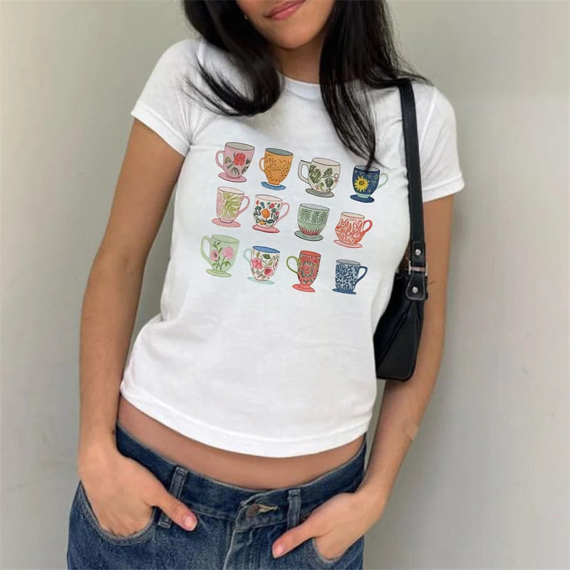 y2k Baby Tees Women Casual Graphic Print Round Neck Short Sleeve Cropped T Shirts 2000s Aesthetic Clothes Streetwear