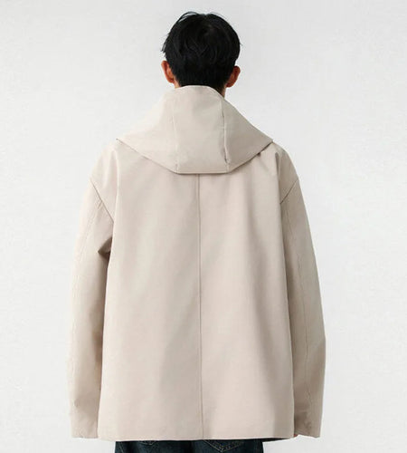 Male American Style Fake Two Piece Lapel Jackets Men's Hooded Casual Solid Color Stand Collar Loose Coats Menswear 9W1235