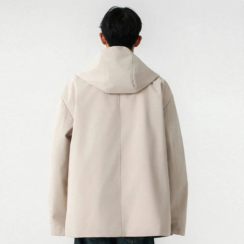 Male American Style Fake Two Piece Lapel Jackets Men's Hooded Casual Solid Color Stand Collar Loose Coats Menswear 9W1235