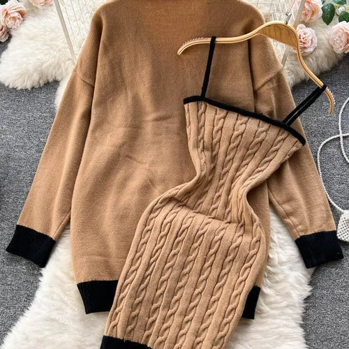 Load image into Gallery viewer, Autumn Winter Patchwork Knit Sweater Suit Single Breasted Cardigan Top+ Strap Bow Twist Bodycon Slip Dress Women Warm Sets Trend
