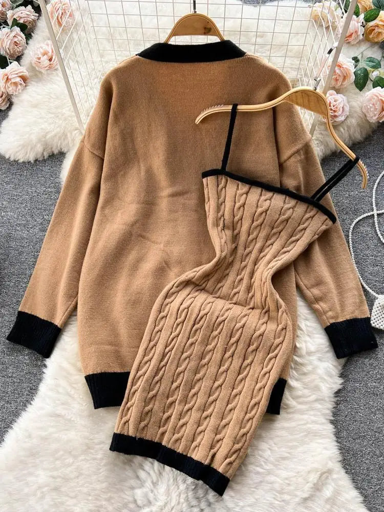Autumn Winter Patchwork Knit Sweater Suit Single Breasted Cardigan Top+ Strap Bow Twist Bodycon Slip Dress Women Warm Sets Trend