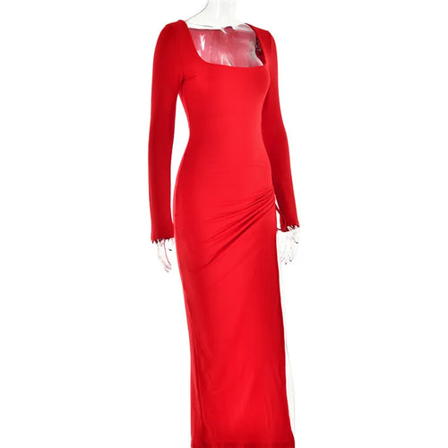 Load image into Gallery viewer, Long Sleeve Ruched High Split Maxi Dress Women Square Collar Drawstring Bodycon Sexy Party Long Dress Elegant Autumn
