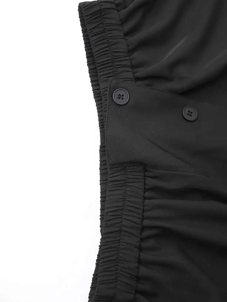 High Elastic Waist Black Pleated Irregular Button Wide Leg Pants New Trousers Women Fashion Spring Autumn 2025 CPG1357