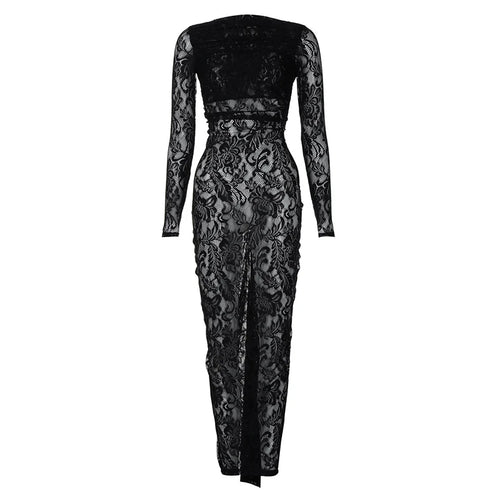 Load image into Gallery viewer, Lace Backless Sexy Maxi Dress For Women Gown Fashion Solid O Neck Long Sleeve Ruched Bodycon Club Long Dress Vestido
