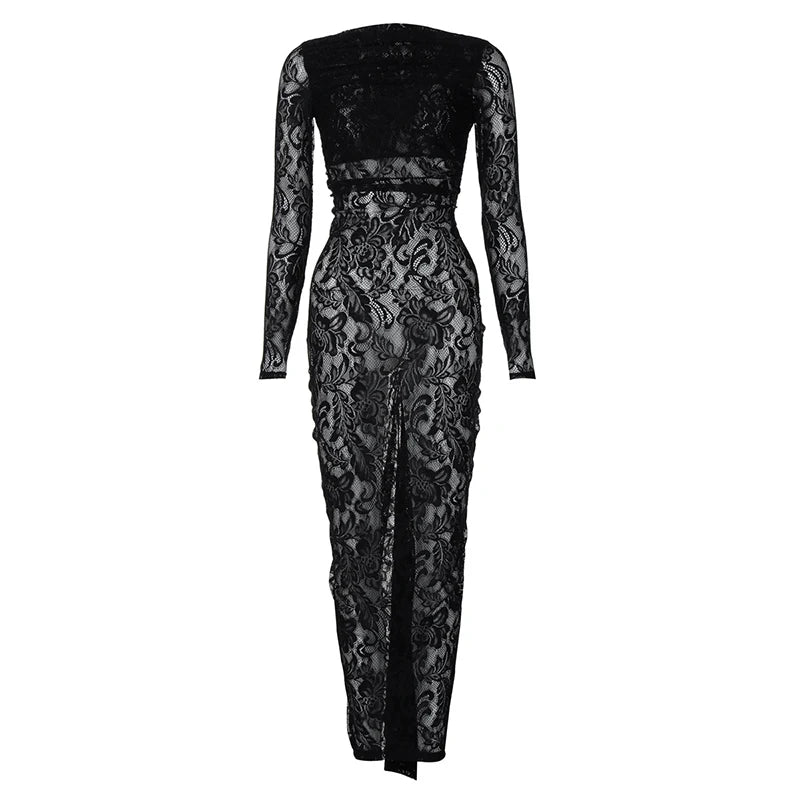 Lace Backless Sexy Maxi Dress For Women Gown Fashion Solid O Neck Long Sleeve Ruched Bodycon Club Long Dress Vestido