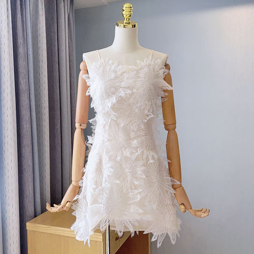 Load image into Gallery viewer, Korean Solid Lace Dress For Women Square Collar Sleeveless High Waist Spliced Feathers Mini Dresses Female Summer
