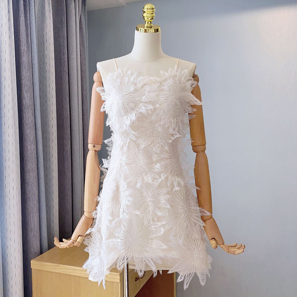 Korean Solid Lace Dress For Women Square Collar Sleeveless High Waist Spliced Feathers Mini Dresses Female Summer